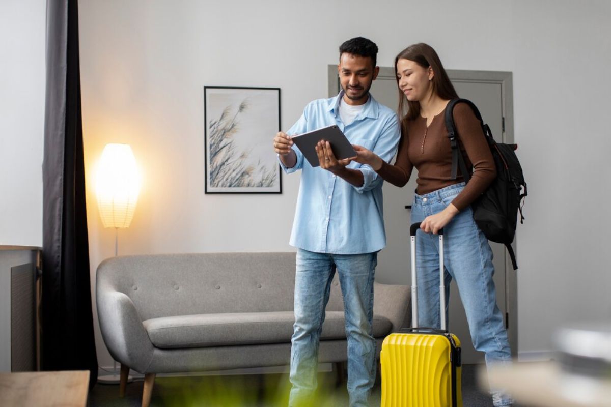 A man and woman discuss travel plans while holding a tablet, with a yellow suitcase and modern decor in the background.