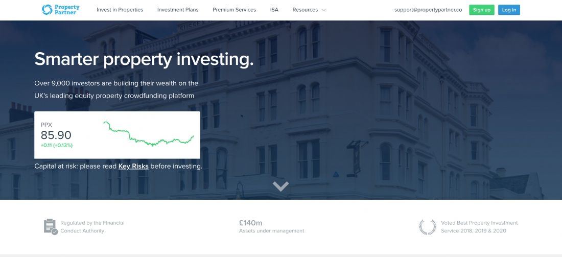 Website homepage for Property Partner showcasing property crowdfunding, investment statistics, and trust indicators.